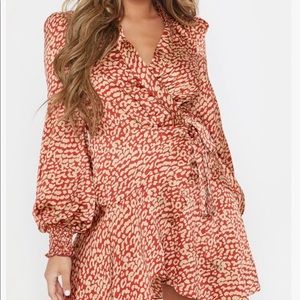Red Satin red print wrap dress